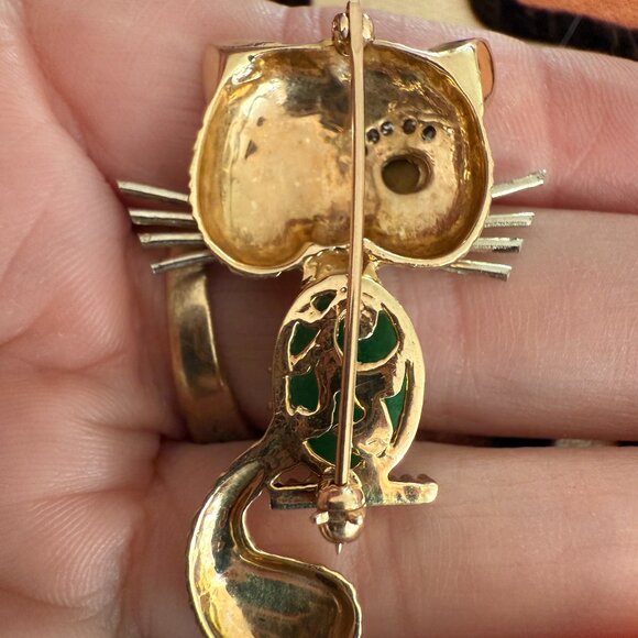 Vintage 14K Gold Winking Cat Pendant Brooch with Gemstones - Picture 4 of 14